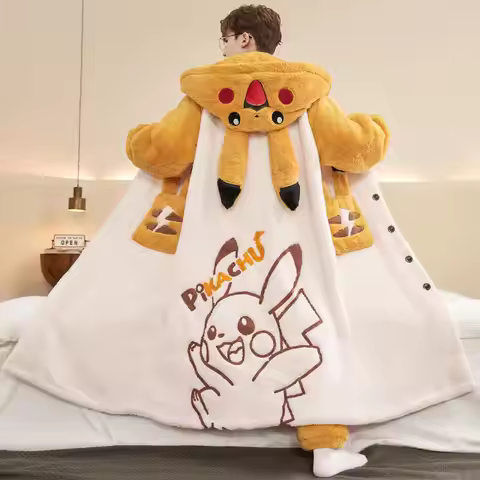 Anime Cartoon Pokemon Pikachu Gengar Coral Fleece Hooded Nightgown Autumn and Winter Teenage Thick P