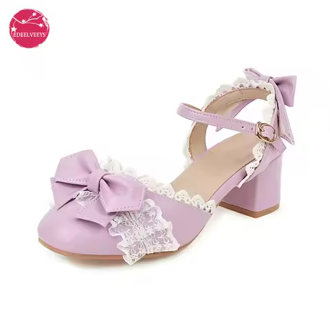 Large Plus Size Lolita Summer Shoes Sweet Bow Strap Buckle Sandals Lace Egde Small Square Toe Back C