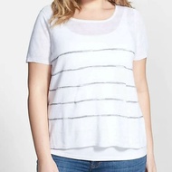 Eileen Fisher Stripe Ballet Neck Cap Sleeve Organic Linen Top White/Gray Size XS