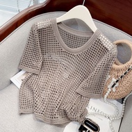 Knitted Blouse Plus Size Women's Korean Style Fashion Casual Hollow Short-sleeved Shirt