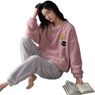 CMENIN MiiOW 2 Pcs Korean Style Long Sleeve Pajamas Women Coral Fleece Winter Warm Sleepwear Womens 