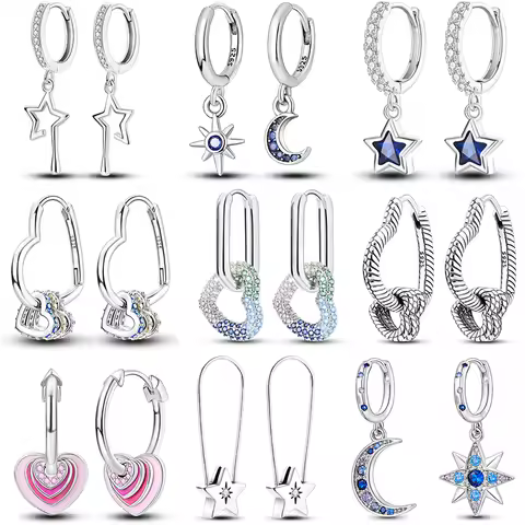 925 Silver Hoop Earrings Star Heart Shape Original Pendientes Sparkling Pave CZ Woman Earring