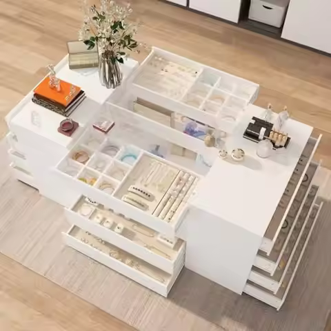 Armoire Bedroom Island Wardrobe Closet Island with 14 Drawers & Glass Tabletop, Island Drer with Jew