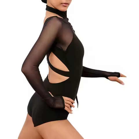 Women Latin Dance Body Top Black Mesh Conjoined Backless Cross Belt Pair It with Dance Dress Lingeri