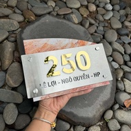 HOUSE NUMBER PLATE. Textured background + Silver scratched stainless steel, Embossed content Mirror 