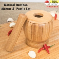 (SG Ready Stock/L Size) Mortar and Pestle Natural Bamboo Set with Lid Pepper Garlic Herb Spice Grinder