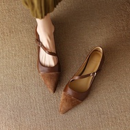 Vintage Brown Pointed Toe Leather Flats - Women’s French Style