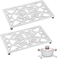 Sumnacon Cast Iron Trivet 2 Pack Heat Resistant Iron Trivets for Hot Dishes Pots Pans Plates Teapots,Rustic Cast Iron Trivet for Cooktop Kitchen Dining Table Metal Trivet with Rubber Feets,White