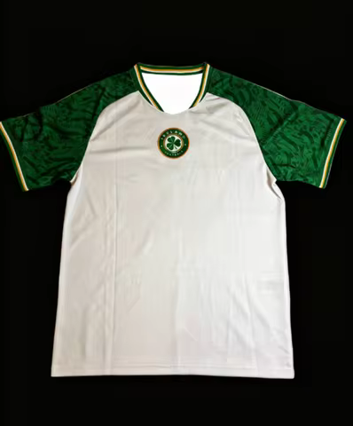 Hot Ireland National Team Soccer Jersey White with Green Raglan Sleeves Shamrock Crest Football Shir