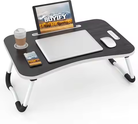 23 Inch Folding Lap Desk with Cup Holder, Portable Wood Black Laptop Bed Desk for Working Reading Ea