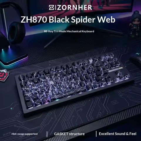Zizornher Mechanical Gaming Keyboard Zh870 Black Cobweb Tri Mode Wireless 88 Keys Custom Hot Swappab