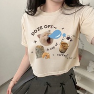 METFORYOU Basic Crop Top Short Sleeve Korean - Doze Off Coffee Cat