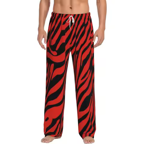 Men's Custom-made Zebra-striped Printed Pajama Pants in Black and Red Zebra Stripes Home and Casual 