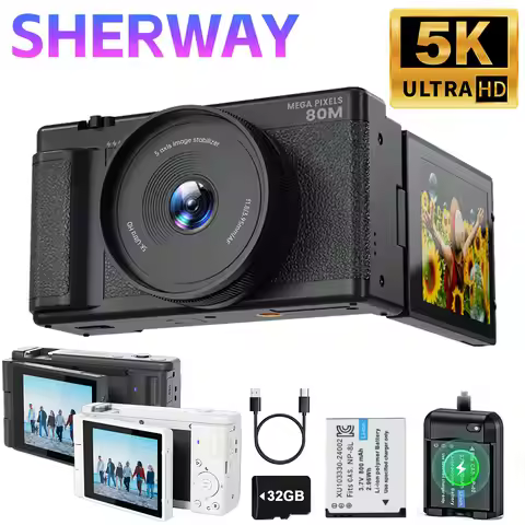 5K 80MP Digital Camera for Photography 6-Axis Stabilization 270° Flip Screen Camera 18X Digital Zoom