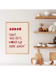 1入組「廚師很可愛,還會再來吃」黑色布繪畫,美學廚房家飾,可愛的烹飪藝術廚房壁畫,極簡心形印花,紅色廚師藝術印刷,未含畫框,19.6 X 27.5吋