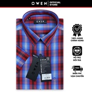 OWEN SALE - Áo Sơ Mi Owen Tay Ngắn Màu Xanh - Đỏ Họa Tiết Caro Form Body Fit Lai Ngang Chính Hãng