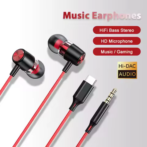 Wired Headphones Type C 3.5mm With Microphone Metal Earphones HiFi Surround Sound in-Ear Music Heads