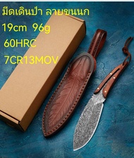 SD1 มีดเดินป่า ลายขนนกพร้อมซอง/ มีดตั้งแคมป์ ยาว19ซม. หนา2.8มิล หนัก96กรัม แข็ง60HRC สแตนเลส 7CR13M