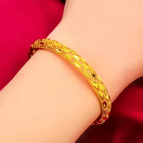 24K Gold AU999 Women's Feather Clasp Bracelet - 3D Feather Relief , Clasp Design Easy Wear, Luxury D
