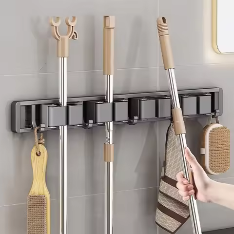 Mop and Broom Organizer Holder Rack Mop Holder Wall Mounted Strong Broom Holder Self With 5 Hooks Or