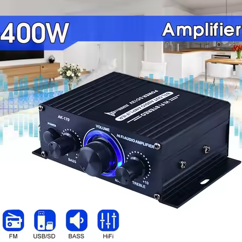 AK-170 Mini Digital Power Audio Car Amplifier Blue Light Stereo Audio Amplifier for Home Theater Clu