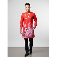RED REFORMED MEN'S Ao Dai PRINTED WITH PINK UNICORN PATTERNS TRADITIONAL Ao Dai Plain Ao Dai MEN'S P