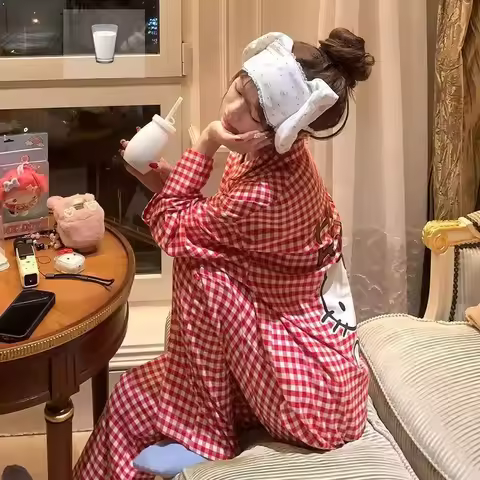 Hello Kitty Woman's Pajamas Hello Kitty Sanrio Kawaii Pajamas Set Red Grid Long Sleeves Trousers Cot