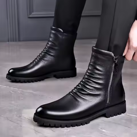 Autumn Winter Cowhide Men's Riding Boots British Style Men's Leather Boots High Top Zippered Men Boo