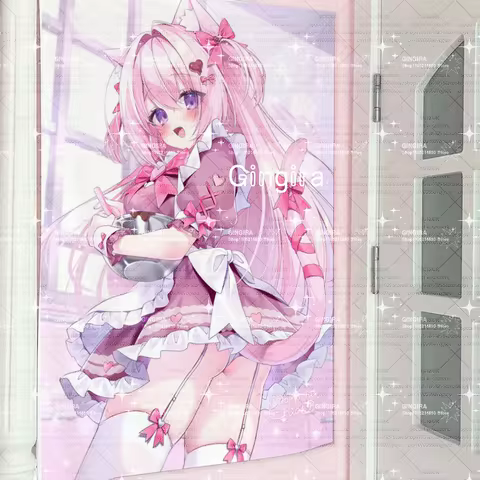 2D galgame cat-themed plushie with ears in pink, indoor tapestry for decoration, interior decoration