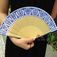 Blue White Porcelain Fan Paint Handle Folding Fan Chinese Fan Women's Cheongsam Fan Dance Fan Japane