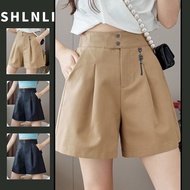 Korean Style Causal Plaster Slim Trousers for Women Solid Color Button Breathable Thin Wide-leg Shor