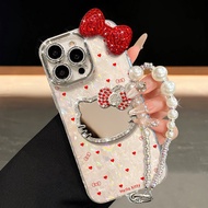 3.9-kt Cat Mirror Bracelet Suitable for Apple 16pro Phone Case 13 Flashing Diamond Bow
