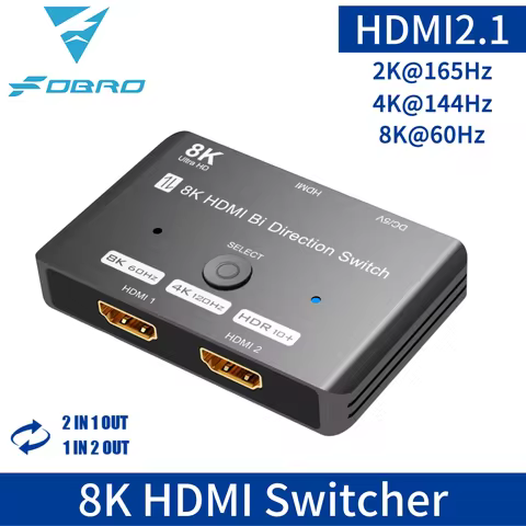 FDBRO HDMI 2.1 Bi-Directional Switcher Adapter Splitter 8K@60Hz 4K@120Hz Compatible 2 in1 out 1in 2 