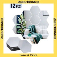 12pcs Modern Creative 3D Silver Mirror Geometric Hexagon Acrylic Wall/Hiasan cermin