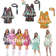 60s 70s Women's Hippie Retro Print Flared Sleeve Dress with Complete Set - Disco Carnival Masquerade