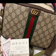 【GUCCI】Ophidia GG Supreme 帆布綠紅織帶拉鍊斜背包
