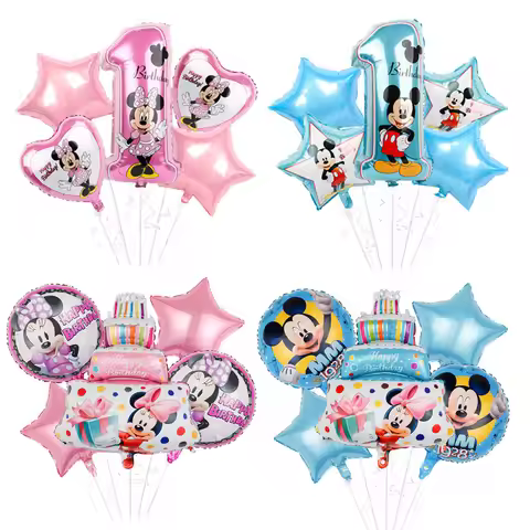 5pcs Mickey Minnie Cake Number Foil Balloons 1st Birthday Party Decor Kids Girl Boy Baby First One Y