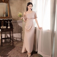 korean beige long off shoulder civil wedding gown cocktail dress formal dress for woman elegant xs
