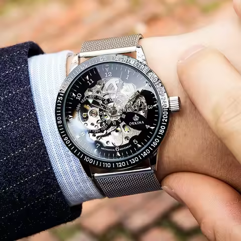 ORKINA Fashion Luxury Top Brand Mens Mechanical Watches Silver Black Self-Wind Automatic Wristwatch 