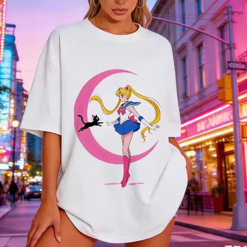 2026 New Cute Sailor Moon Luna Cat Print T Shirt, Unisex Casual Tee Men Women Kids Family Matching S
