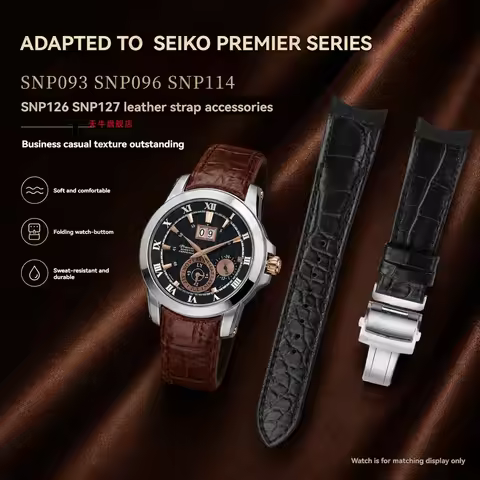 21mm Genuine Leather Watch Strap for Seiko Premier SNP023 SNP025 SNP036 SNP037 SNP038 Curved End Cow