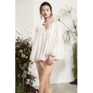 RIMLESS無邊 褶皺肌理感泡泡袖寬松長袖上衣可調節長度燈籠紗衣