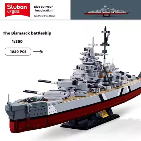 MOC Sluban WW2 Military Battle Ship Germany KMS Bismarck Battleship Model Building Blocks Classic Na