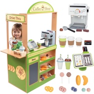 Pretend Coffee Shop Wooden Playset - Drive Thru Window Fun - Includes Frappuccino w Straws, Espresso