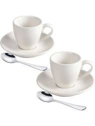2pcs/Set Ceramic Espresso Coffee Cups With Saucer And Stainless Steel Mini Spoon, Espresso Cup, 80ml