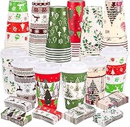 Atonofun 48 Pcs Merry Christmas Disposable Cups with Lids and Sleeves, To Go Coffee Cups 16 oz, 6 De