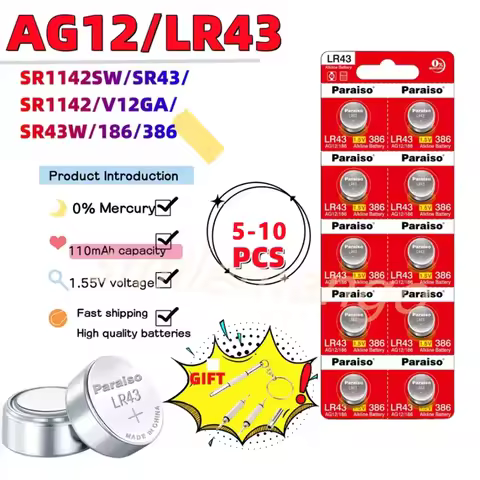 New High-Capacity 1.55V AG12 Button Battery, LR43 SR43 186 386 LR1142 Compatible, for Watch, Toys, R