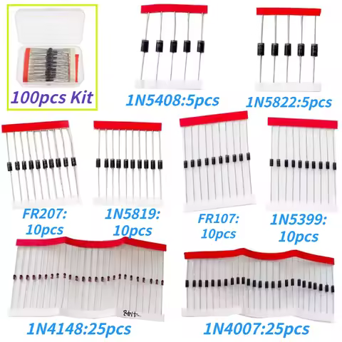 100pcs 8 types Schottky Diode Rectifier Diode Kit 1N4148 1N4007 1N5819 1N5399 1N5408 1N5822 FR107 FR
