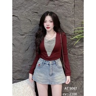 Women's Long Sleeve Deep V Neck T-shirt with Luxurious Stone Beaded String Big Size 55-85kg Borip Co