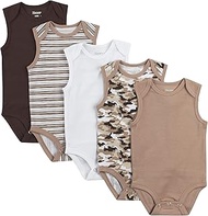 baby-girls Baby Bodysuits, Ultimate Baby Flexy Bodysuits, Infant Sleeveless Bodysuit, 5-pack, Brown/White/Tan, 12-18M